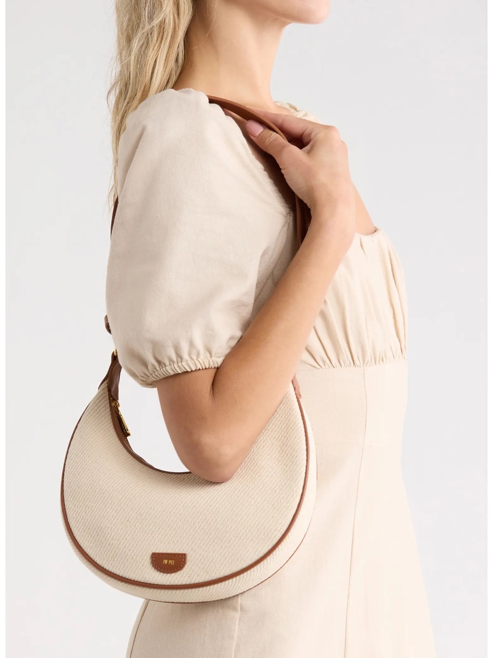 Cream Crescent Shoulder Bag with Brown Trim and Strap